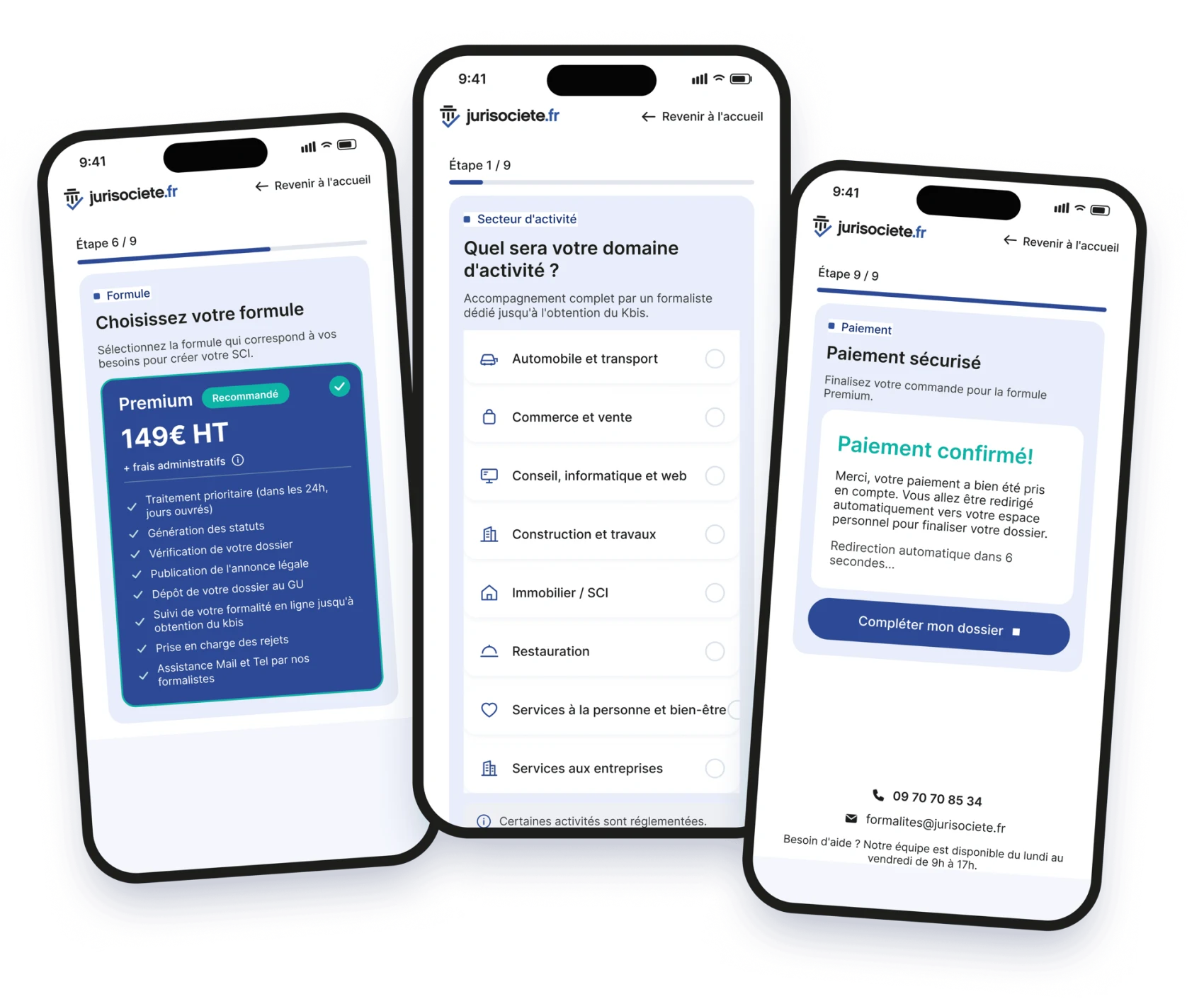 Aperçu du parcours de commande sur mobile : choix du secteur d'activité, formule Premium et confirmation de paiement